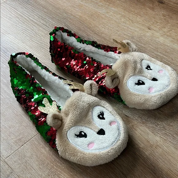 Reindeer Sequin Slippers Size 7 - Picture 3 of 14